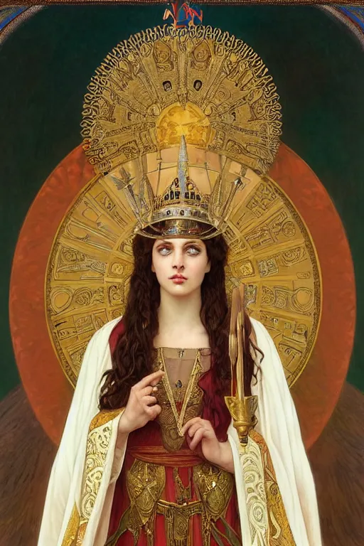 Image similar to Portrait of historically accurate, biblical, sneering, young, wicked, terrible, evil, pagan, beautiful, queen jezebel of ancient Israel, wearing gilded robes, long hair, intricate, elegant, highly detailed, masterpiece, illustration, art by artgerm and greg rutkowski and alphonse mucha and Wayne Barlowe and william-adolphe bouguereau, highly detailed, trending on artstation, award winning