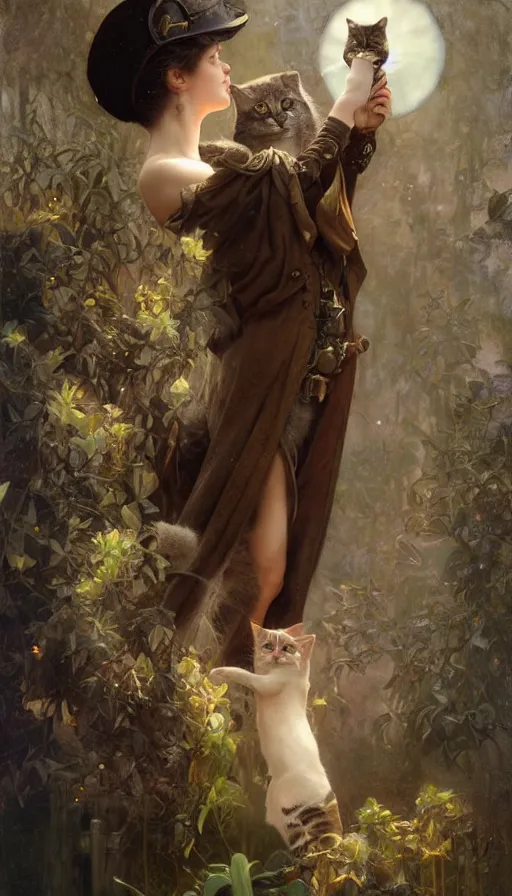 Image similar to hyper realistic photographer taking a picture of a cat, magical, steampunk, painted by tom bagshaw, mucha, gaston bussiere, craig mullins, j. c. leyendecker 8 k