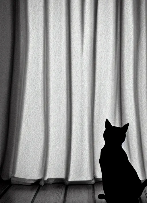 Prompt: a silhouette of a cat sitting behind a curtain