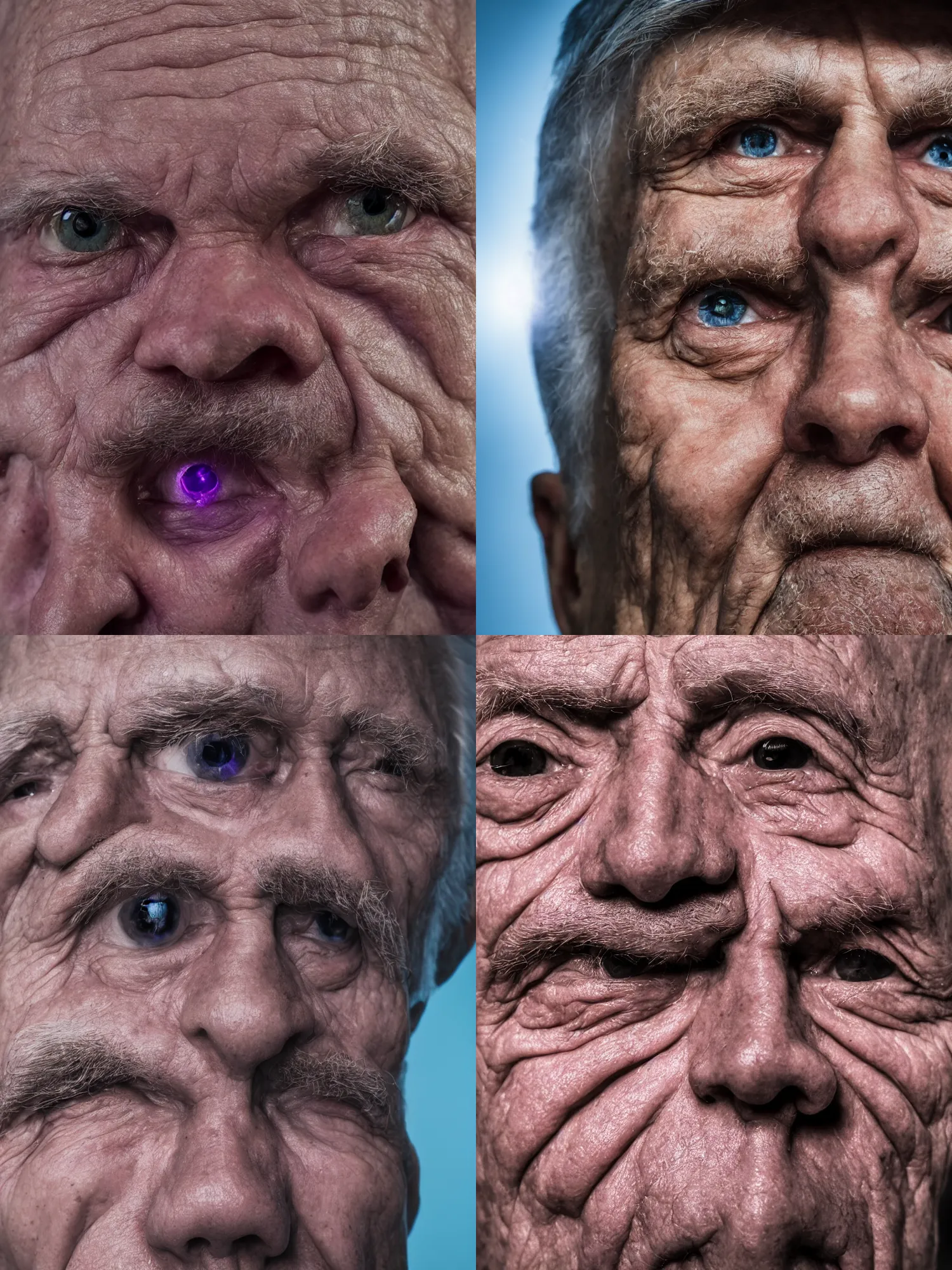 Prompt: an ultra wide fish eye close up portrait photo of a 7 0 year old man's face with a purple floodlight shined on him, 4 k, 8 k, ultra hd, photorealistic.