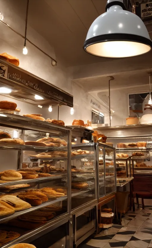 Image similar to close up realistic detailed photo of from inside of a cozy bakery, hdr, volumetric lighting, dim light, diffuse light