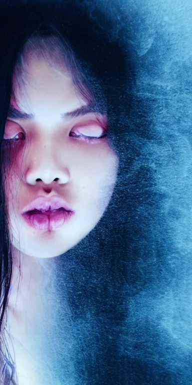 Image similar to dark background, light paint, candid!! long portrait of a very very beautiful! young filipino woman with narrow face, large eyes and flowing long hair, swirling dreamy smoke and fog is coming from her mouth, face partially obscured, by conrad roset, abstract background, dramatic lighting, trending on artstation