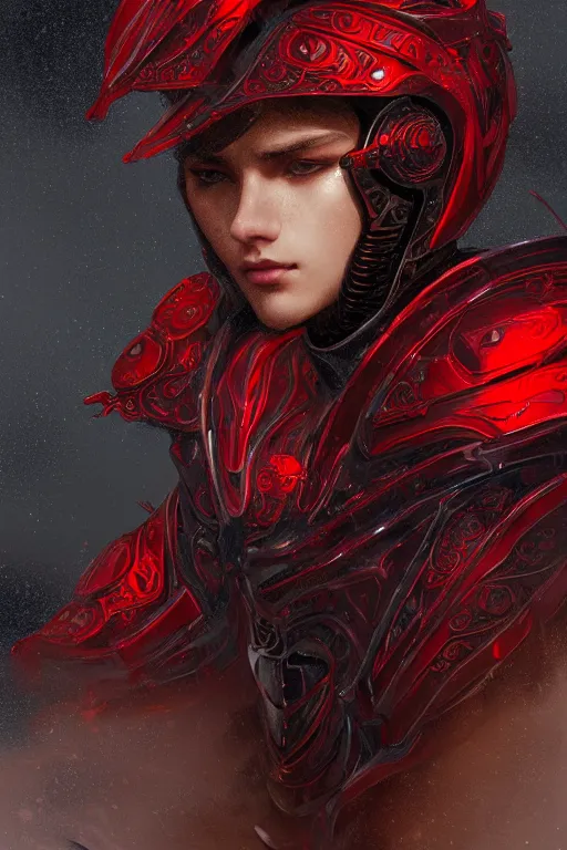 Prompt: portrait siniter knights of Zodiac boy, black and red color reflected armor, in ruined Agora of Athens rainy night, ssci-fi and fantasy, intricate and very very beautiful and elegant, highly detailed, Frostbite Engine, digital painting, artstation, concept art, smooth and sharp focus, illustration, art by tian zi and WLOP and alphonse mucha