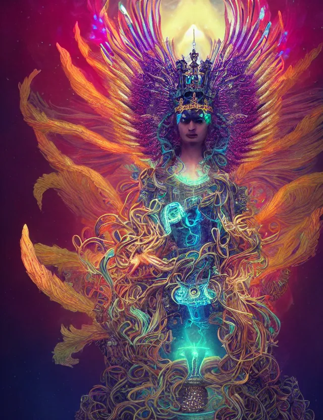 Image similar to goddess phoenix macro close - up portrait with crown made of ram skull. phoenix, betta fish, jellyfish, bioluminiscent, plasma, wind, creature, super intricate ornaments artwork by tooth wu and wlop and beeple and greg rutkowski