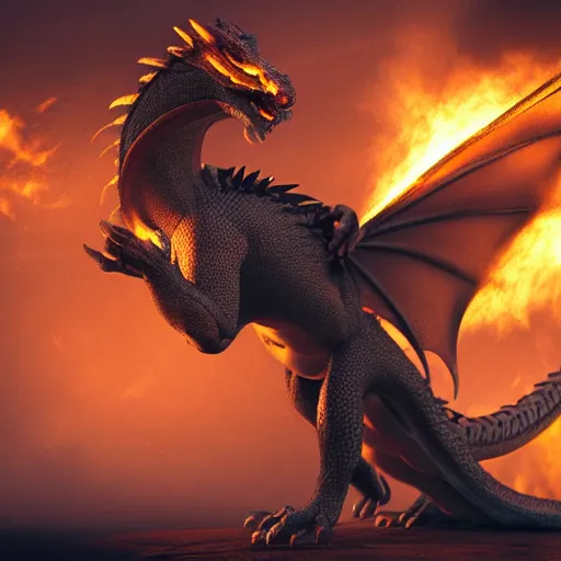 Image similar to dragon that blows fire on himself, photorealistic, 4 k