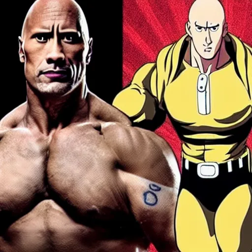 Image similar to dwayne the rock johnson cosplaying as saitama of one punch man, realistic