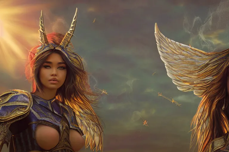 Image similar to wide - shot | dslr | madison beer | as a valkyrie warrior | giant winged horse | detailed face | rain | raytracing!!! | arrows | sunset | smoke | ethereal | golden hour | by victor nizovtsev, john blanche, werner herzog | fantasy | highly detailed | north mythology | realism | film | cinematic 4 k | upscaled!!!