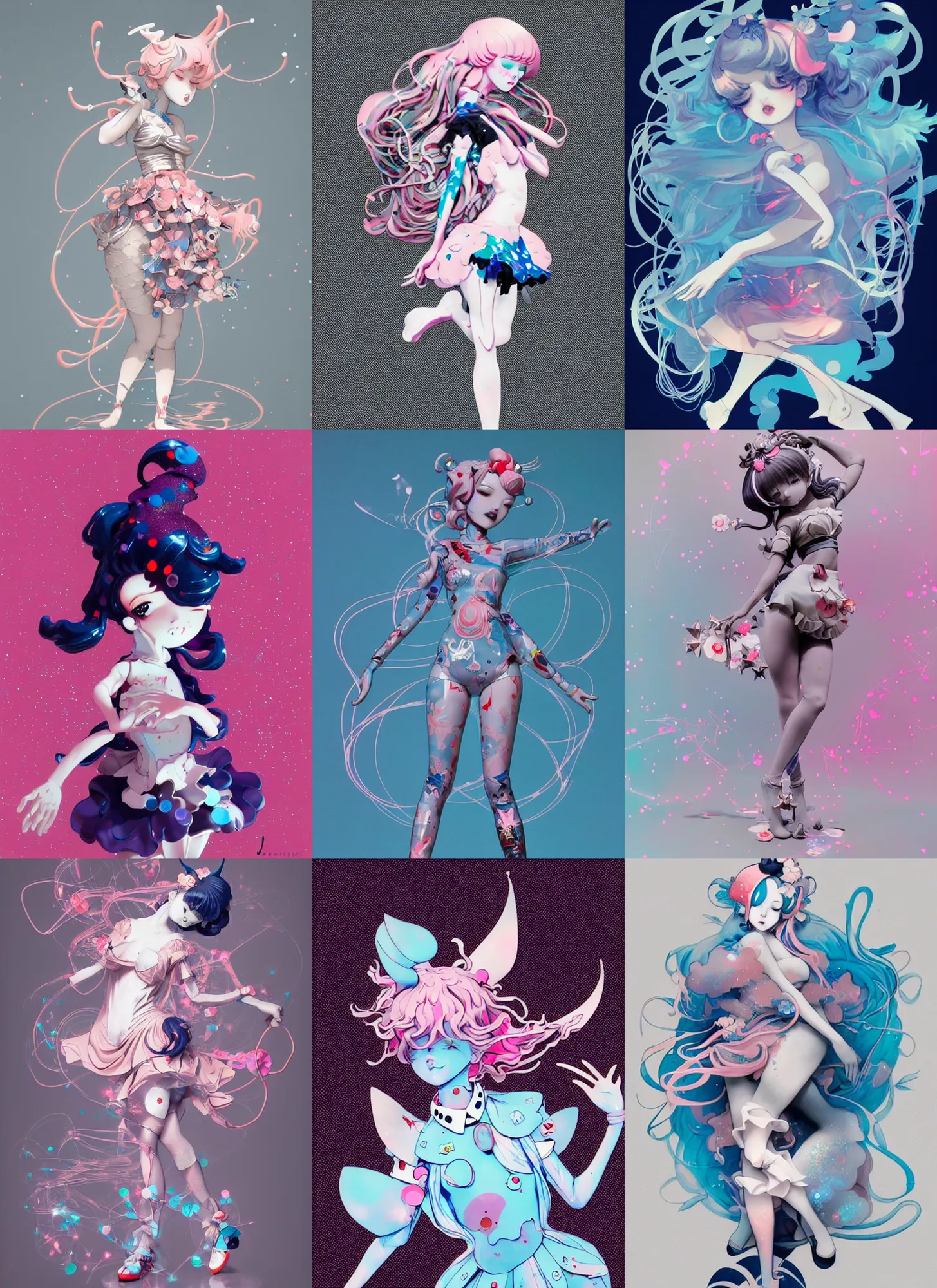 Prompt: james jean isolated vinyl figure curvy harajuku magical girl character design, figure photography, dynamic pose, holographic undertones, motion shapes color design, glitter accents on figure, anime stylized, sharp focus, accurate fictional proportions, high delicate defined details, ethereal lighting