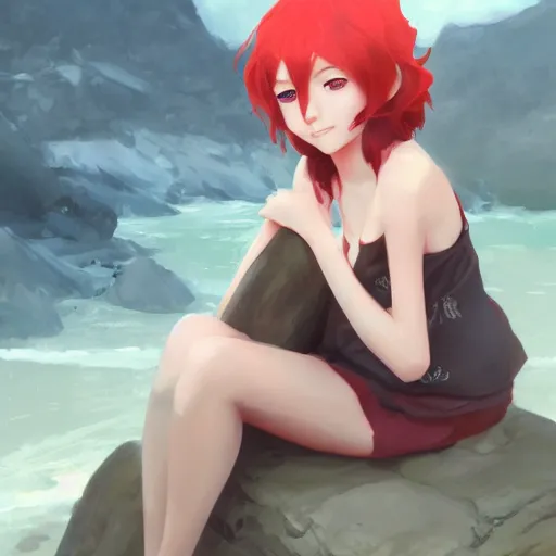 Prompt: a girl with red hair sitting on a rock, digital art, very beautiful face, pretty face, very detailed eyes, full body illustration, 8 k resolution, soft painting, by hidari and krens cushart