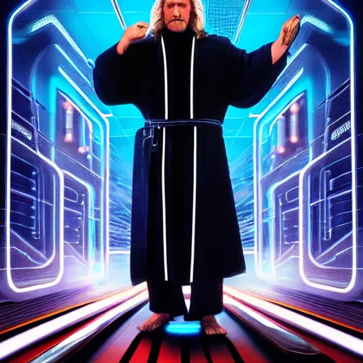 Image similar to dude lebowski dressed in bathrobe played by jeff bridges, stuck in tron realm, photorealistic movie still, detailed 8 k, poster style, high resolution