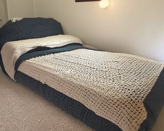 Image similar to crocheted bed, entire bed made of thick soft yarn woven in intricate patterns, comfy, comfortable, warm, soothing, relaxing, wholesome