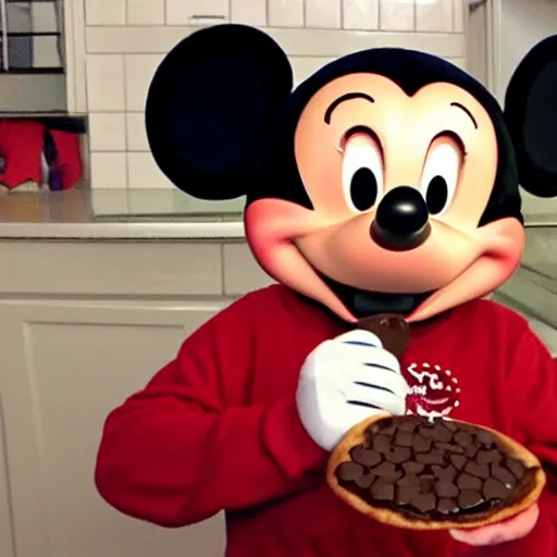 Prompt: trail cam footage of JoeysWorldTour wearing a Mickey Mouse hat while eating a chocolate pizza