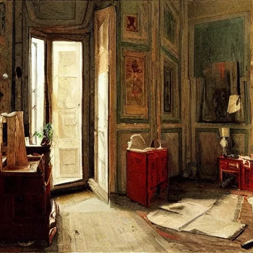 Prompt: very detailed interior of a building, bedroom of an artist in the style of Telemaco Signorini (1835–1901), Italian artist