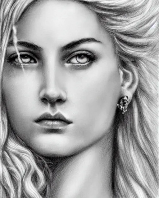 Image similar to pencil drawing of a beautiful greek goddess aphrodite with arrowhead earrings, beautiful piercing eyes, beautiful blonde hair, hyper realistic face, in the style of greg rutkowski, fantasy, amazing detail, epic, elegant, smooth, sharp focus, from the front