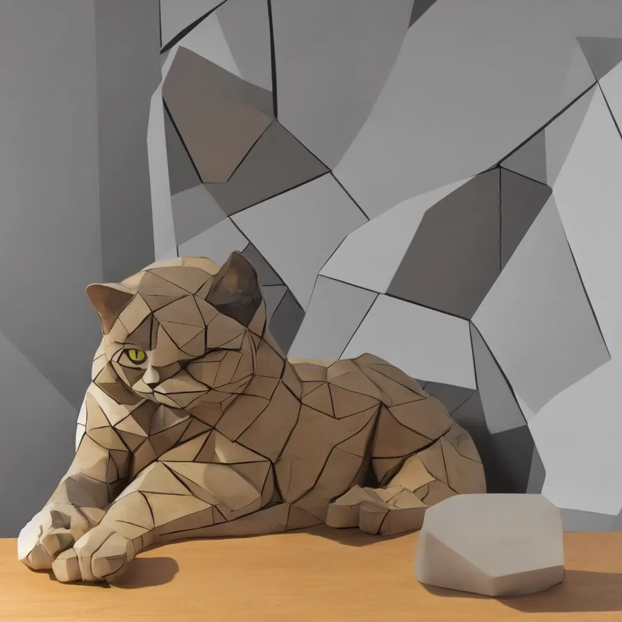 Prompt: beautiful gallery show studio photograph of a giant realistic geometric ceramic sculpture of a cat!!!!, garfield, heavily glazed by bridget riley and victor vasarely, placed on a polished wooden table, colorful hyperrealism 8 k trending on artstation