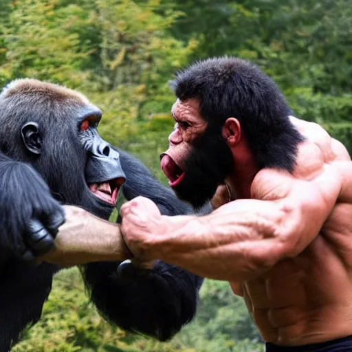 Prompt: a muscular man punches a raging gorilla in the face