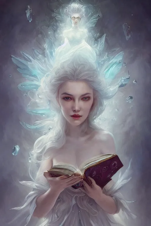 Image similar to beautiful ghost model wearing crystal white dress, holding book, rest face expression, diamonds, angel, fantasy, dramatic lighting, highly detailed, digital painting, magic the gathering, hyper detailed, 3 d render, hyper realistic detailed portrait, peter mohrbacher, wlop, ruan jia