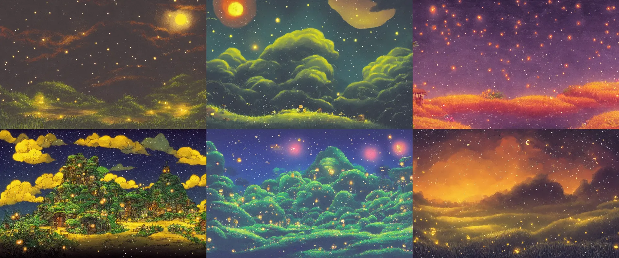 Prompt: a magic landscape in the night full of fireflies in the style of studio Ghibli
