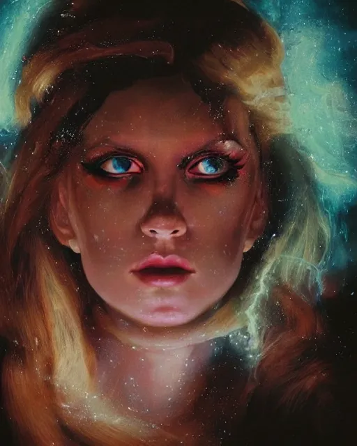 Image similar to a beautiful and eerie baroque painting of a gorgeous woman in dead space, with wild blonde hair and haunted eyes and freckles, 1 9 7 0 s, seventies, space station, neon light showing injuries, delicate ex embellishments, painterly, offset printing technique