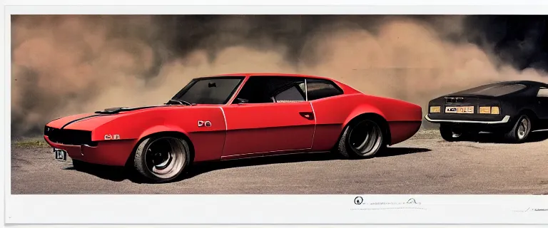 Image similar to black audi camaro b 1 ( 1 9 6 7 ) with burning livery, retro poster, establishing shot