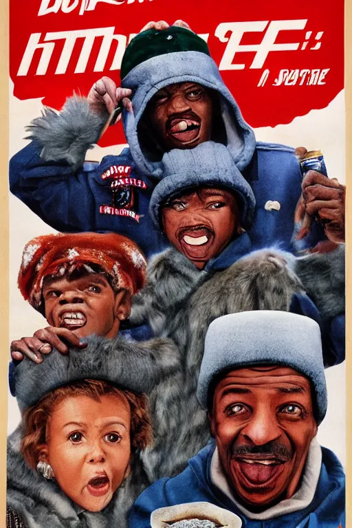 Prompt: poster the movie 1 9 8 8 ussr don't be a menace to south central while drinking your juice in the hood, perfect symmetrical eye, gray fur hat soviet soviet russian winter fur cap with earflaps ushanka, bottle of vodka, bears, kremlin babushka communist criminal