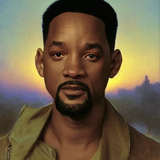 Image similar to Painting of Will Smith as Neo. Art by william adolphe bouguereau. During golden hour. Extremely detailed. Beautiful. 4K. Award winning.