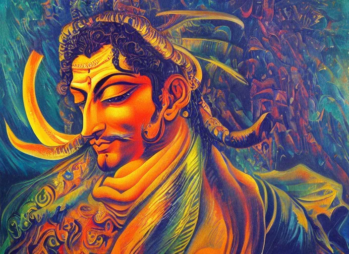 Image similar to an oil on canvas painting of Shiva, by Dan Mumford and Umberto Boccioni, sanskrit, 3d, realistic shading, complimentary colors, aesthetically pleasing composition, masterpiece, 4k, 8k, ultra realistic, super realistic