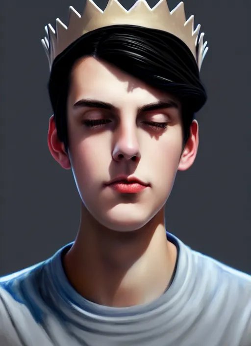 Image similar to portrait of teenage jughead jones wearing a light grey crown, photorealistic, crown, eyes closed, crown, black hair, intricate, elegant, glowing lights, highly detailed, digital painting, artstation, concept art, smooth, sharp focus, illustration, art by wlop, mars ravelo and greg rutkowski