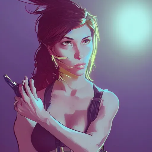 Image similar to Lara Croft, ambient lighting, 4k, alphonse mucha, lois van baarle, ilya kuvshinov, rossdraws, artstation