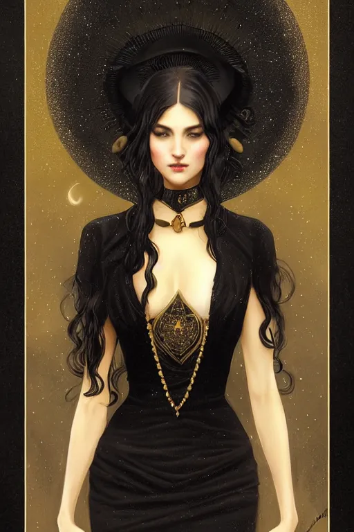 Image similar to Nocturne, glowing, stars, a long-legged elegant evil woman, long black hair, pearl amulet, highly detailed, mysterious, ethereal, dressed in black velvet, haute couture, illustration, dramatic lighting, soft details, painting, by Edmund Blair Leighton, Brom, Charlie Bowater, trending on artstation, faces by otto schmidt