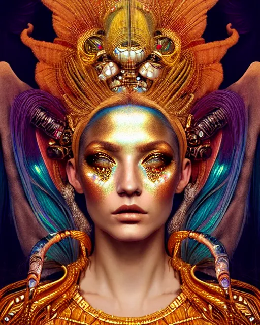 Image similar to hyperrealistic detailed portrait of a beautiful goddess in an iridescent - gold ornamental headdress, intricate cyberpunk make - up, golden face tattoos, art by android jones, john william godward, nekro borja, gothic - cyberpunk, beautiful deep colours,