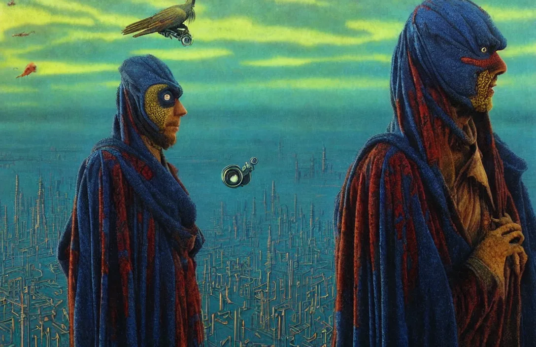 Image similar to realistic detailed portrait movie shot of a birdman wearing dark ragged robes, futuristic city sunset landscape background by denis villeneuve, amano, yves tanguy, alphonse mucha, ernst haeckel, max ernst, roger dean, rich moody colours, blue eyes