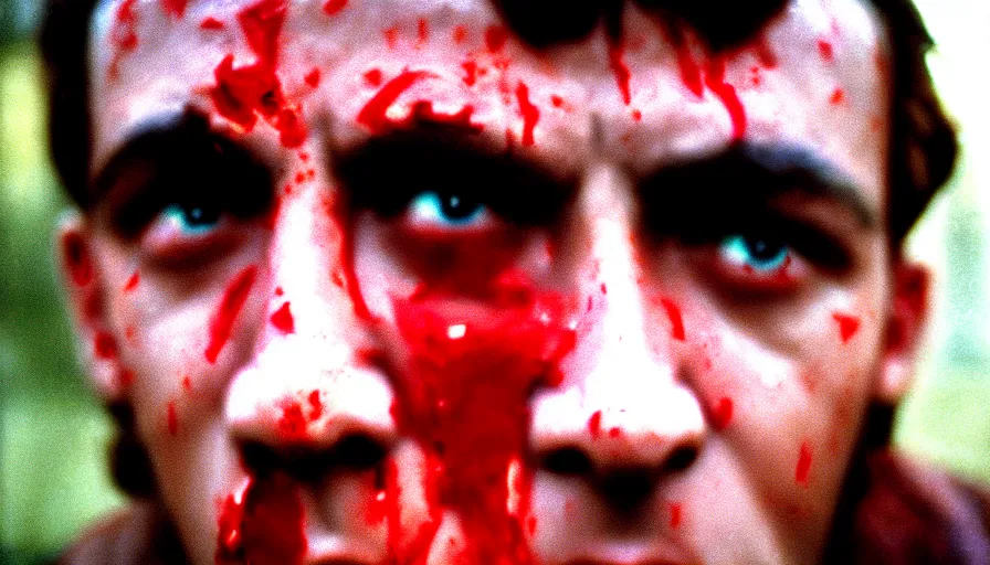 Image similar to 1 9 6 0 s movie still close - up of marcus atilius regulus'face with blood in the eyes down the eyes, cinestill 8 0 0 t 3 5 mm, high quality, heavy grain, high detail, texture, dramatic light