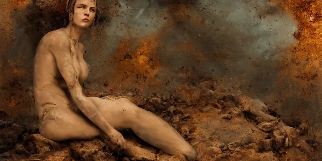 Image similar to highly detailed photography of a woman made of rust clay and wet rocks, hand gesture, sharp focus, dust particles, dirt, dramatic scene, aesthetic, dynamic lighting, elegant, harmony, masterpiece, by roberto ferri, blue background, high quality, spatula