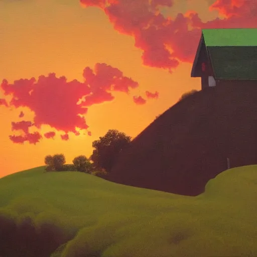 Prompt: a painting of a house on top of a hill with a sunset in the style of Maxfield Parrish