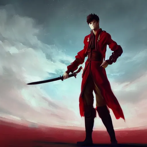 Prompt: a man in a red outfit holding a sword, a detailed painting by torii kiyomitsu, cgsociety, fantasy art, redshift, rich color palette, anime aesthetic