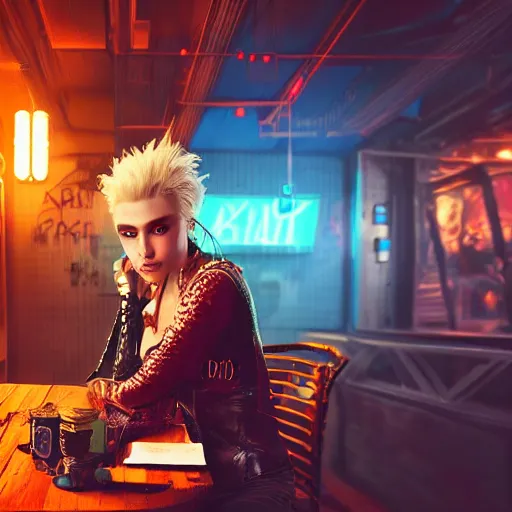 Image similar to a high quality portrait of a beautiful stunning pirate in a cyberpunk cyberpunk cyberpunk cafe, realism, 8k, award winning photo