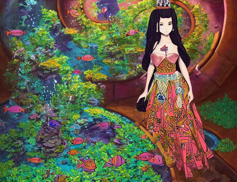 Image similar to aztec scifi princess in a planted aquarium, wearing a lovely dress. this oil painting by the award - winning mangaka has an interesting color scheme and impeccable lighting.