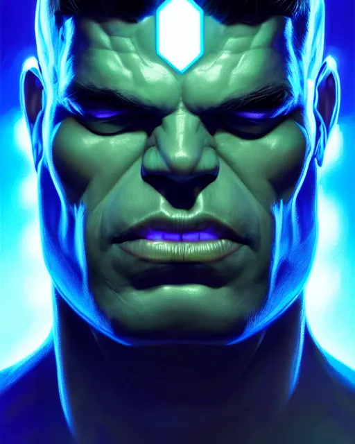 Image similar to symmetry portrait of blue color hulk, glam, power, glowing lights intricate, elegant, highly detailed, digital painting, artstation, concept art, smooth, sharp focus, illustration, art by artgerm and greg rutkowski and fra angelico and unreal engine 5