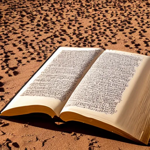 Prompt: a huge book in the middle of the desert of al - ula with wind and sand