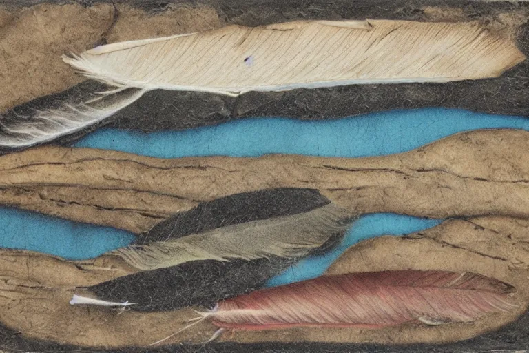 Prompt: 'The color of a River Feather' Mixed Media on Slate, private collection, masterpiece