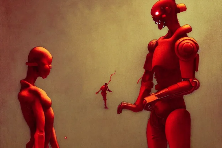 Image similar to only with red, a red cyborg samurai, tokio futuristic in background, some evil yokai fight, in the style of beksinski, parts by edward hopper, parts by rodcenko, parts by yue minjun, intricate and epic composition, red by caravaggio, insanely quality, highly detailed, masterpiece, red light, artstation, 4 k