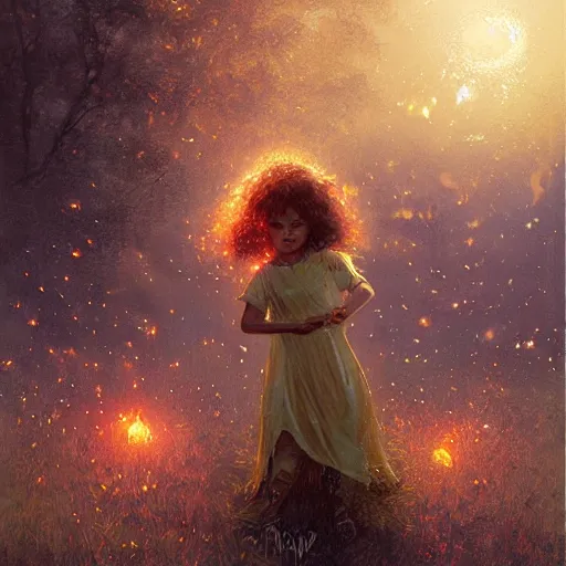 Prompt: A little girl with curly brown hair with a happy expression wearing a summer dress dancing with fireflies, fantasy art by Greg Rutkowski