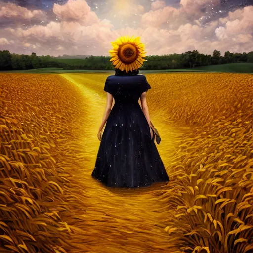 Image similar to huge sunflower head, girl walking in wheat field, hills, surreal photography, dark night, star trails, dramatic light, impressionist painting, clouds, digital painting, artstation, simon stalenhag