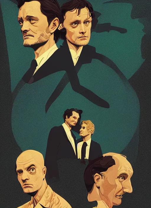 Image similar to poster artwork by Michael Whelan, Bob Larkin and Tomer Hanuka, Karol Bak of portrait of Hugh Dancy & Mads Mikkelsen arm around each other, chaperoning the school dance, from scene from Twin Peaks, simple illustration, domestic, nostalgic, from scene from Twin Peaks, clean