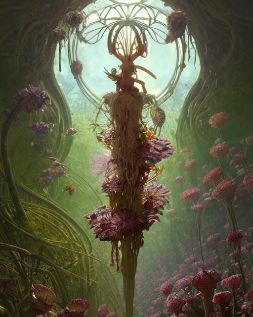 Image similar to the platonic ideal of flowers, rotting, insects and praying of cletus kasady carnage davinci dementor chtulu mandelbulb ponyo alice in wonderland dinotopia watership down botw, fantasy, ego death, decay, dmt, psilocybin, concept art by greg rutkowski and simon stalenhag and alphonse mucha