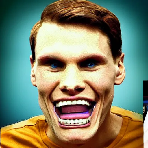 Prompt: jerma showing off his true colors as a psychopath, wide smile