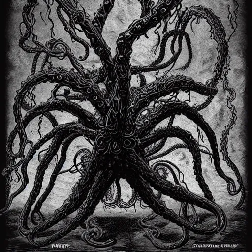 Prompt: The Dark Young of Shub-Niggurath are horrifying, pitch-black monstrosities, seemingly made of ropy tentacles. They stand as tall as a tree (perhaps between twelve and twenty feet tall) on a pair of stumpy, hoofed legs. A mass of tentacles protrudes from their trunks where a head would normally be, and puckered maws, dripping green goo, cover their flanks. The monsters roughly resemble trees in silhouette the trunks being the short legs and the tops of the trees represented by the ropy, branching bodies. rendered in unreal engine 5, hyperrealistic, forest background, haunting, 3DCG, 8K, realistic photo
