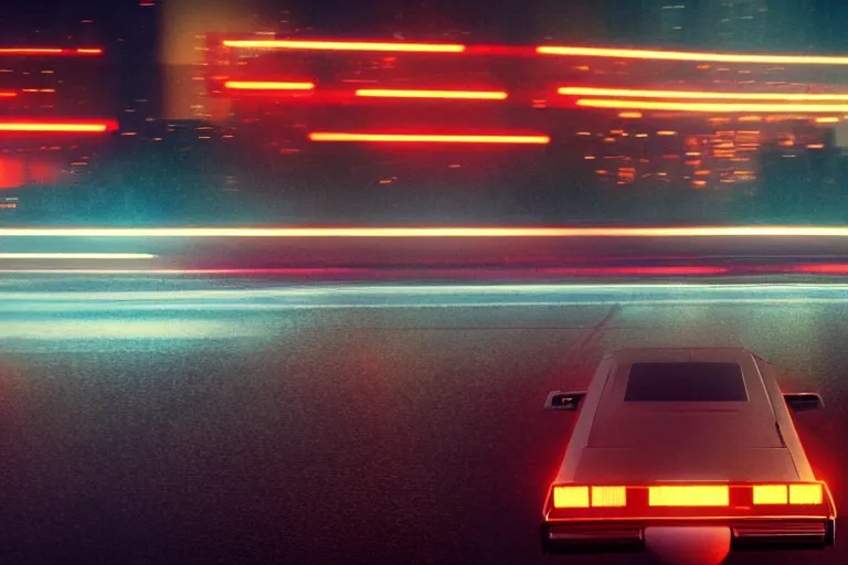 Image similar to a 1 9 8 5 fairmont speeding down tokyo highway in the rain, night time, neon lights, thunderstorm, movie still from the movie bladerunner 2 0 4 9