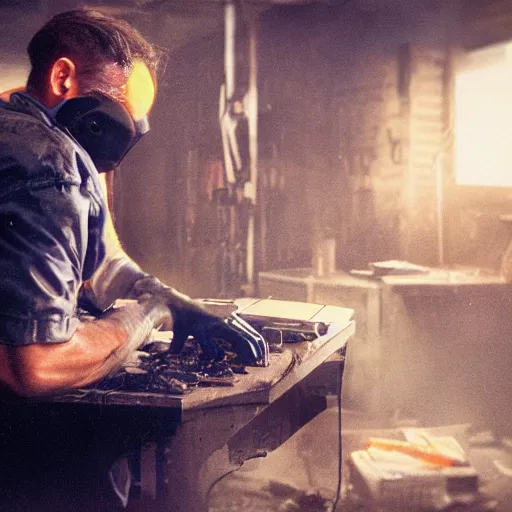 Image similar to augmented human repairing commodore 6 4, dark messy smoke - filled cluttered workshop, dark, dramatic lighting, orange tint, cinematic, highly detailed, sci - fi, futuristic, movie still from blade runner